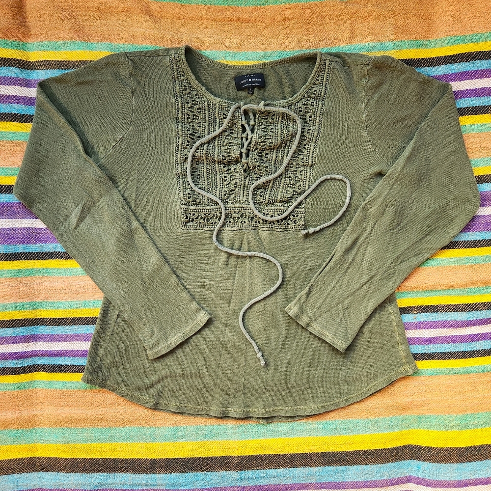 Y2K Lucky Brand Olive Green Lace Long Sleeve Thermal